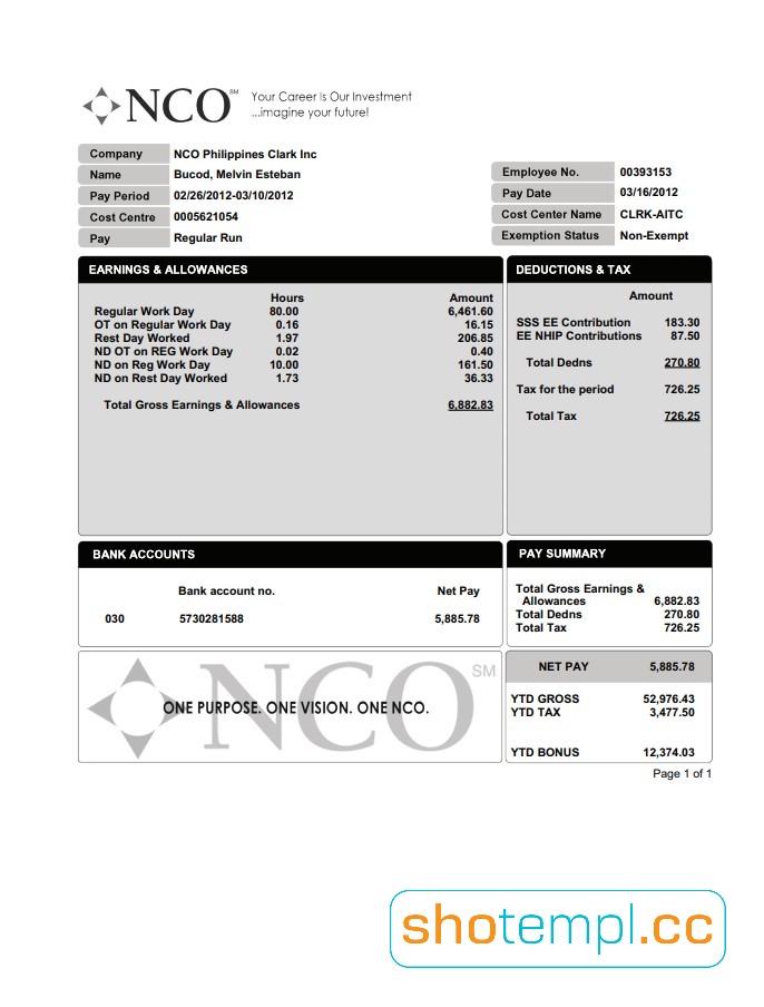 NCO Phillipines PayStub PDF Template